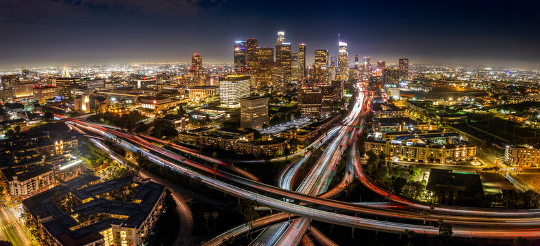 Aerials of Los Angeles Skyline at night
