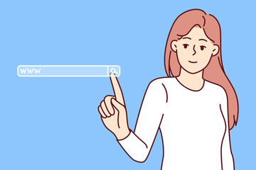 Search bar near woman clicking on virtual screen for surfing internet and visiting website or downloading software. Advanced girl uses search bar to enter cyberspace and gain access to technologies