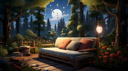 Die magische Gemütlichkeit im Wald, eine gemütliche Couch unter dem Vollmond im Wald, generative KI