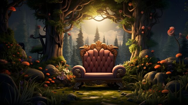 Die magische Gem&uuml;tlichkeit im Wald, ein gem&uuml;tlicher Stuhlthron im Wald, generative KI