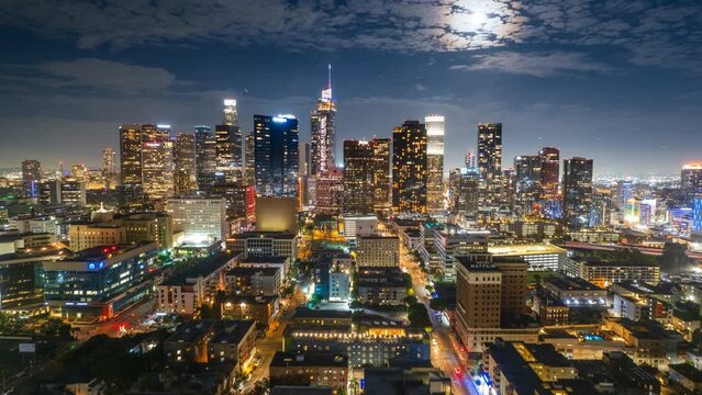 Aerials of Los Angeles Skyline at night