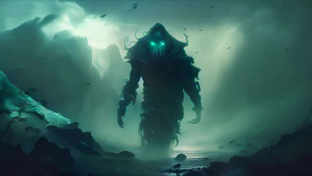 A monstrous apparition stalks amongst the mist its dead eyes glowing with malice. Fantasy art. AI generation.