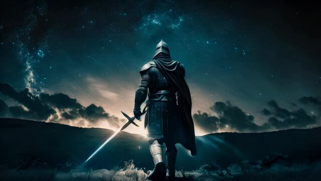An intimidating crusader stands resolutely against a starry night sky holding his longsword offensively before him. Fantasy art. AI generation.