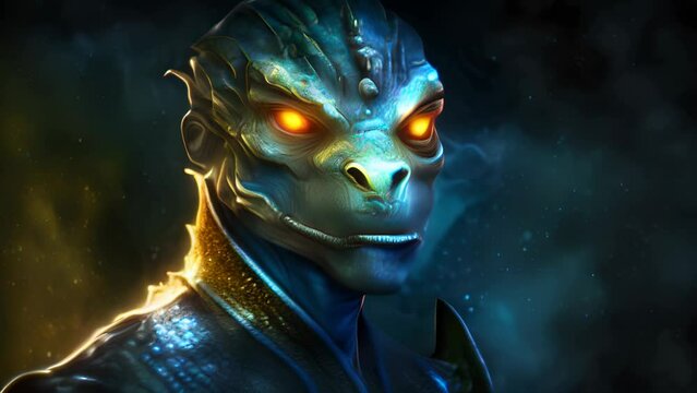 A reptilian figure with glowing yellow eyes. Fantasy art. AI generation.