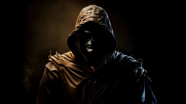 A hooded figure cloaked in draped shadows. Fantasy art. AI generation.