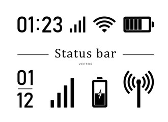 Set of status bar. Mobile phone icons set isolated on white background. Simple graphic design. Time, connection, wifi signal, battery icon. For mobile app, website, user interface.Vector illustration. - obrazy, fototapety, plakaty