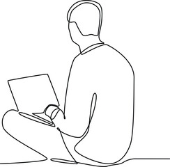 Continuous one line drawing of Freelancer working from home or beach at relaxed pace, convenient workplace concept. Doodle vector illustration.