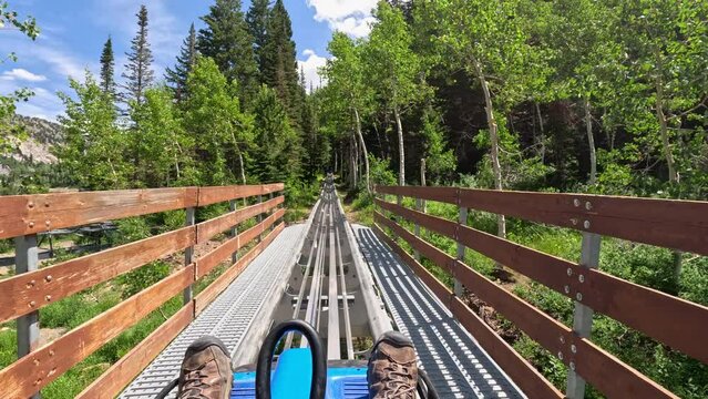 Mountain rollercoaster ride through forest POV. Summer and winter all season mountain resort. Vacation nature family fun destination. Family recreation on rides, activities and events.