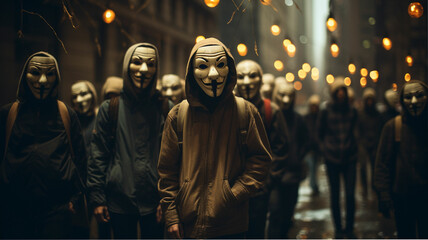 a group of people in joker masks - obrazy, fototapety, plakaty