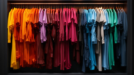 Close up a collection of pastel color t-shirts hanging on a wooden clothes hanger in closet or clothing rack over  

