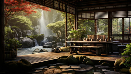 rumah mewah atau desain Eksterior rumah menampilkan vila kolam renang tropis dengan taman hijau