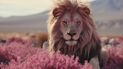 Staring lion in field of grass