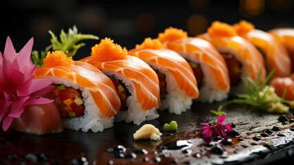 roll sushi with salmon, prawns, avocado, cream cheese. Sushi Menu. Japanese Food.
