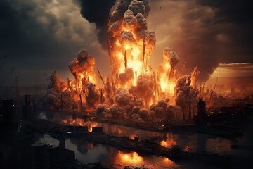 Nuclear explosion in a city. Buildings collapsing from the blast | Generative AI