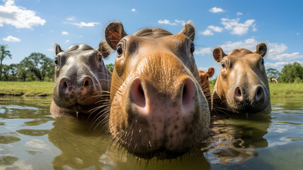 group of hippos in the river