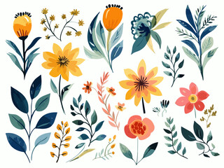 Watercolor stylized yellow and red flowers and plants isolated on the white background in vector