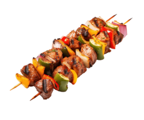 kebab skewer with meat and vegetable isolated on transparent background. PNG file, cut out