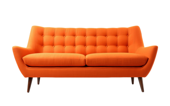 Mid-Century Modern orange sofa isolated on transparent background. PNG file, cut out