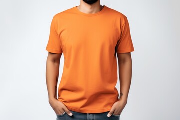 Young man in a orange T-shirt on white background, mock up Generative AI