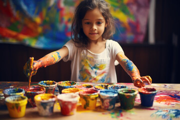 Artistic Freedom. Playful Child with Messy Painted Hands, Expressing Creativity Through Paint. AI Generative