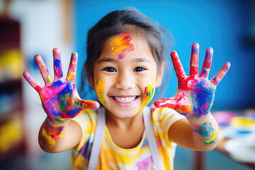 Artistic Freedom. Playful Child with Messy Painted Hands, Expressing Creativity Through Paint. AI Generative