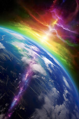 Rainbow Aura around Planet Earth, epic Space landscape view. Generative AI
