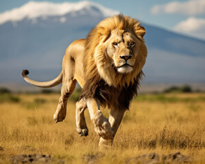 Lion standing on savannah background scene of Mount Kilimanjaro  - obrazy, fototapety, plakaty