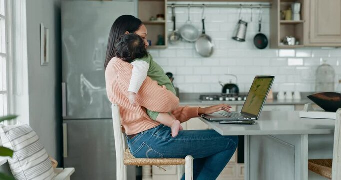 Laptop, remote work and a woman holding her baby in the living room of her home while working as a freelance entrepreneur. Computer, startup and a single mother with her infant child in the kitchen