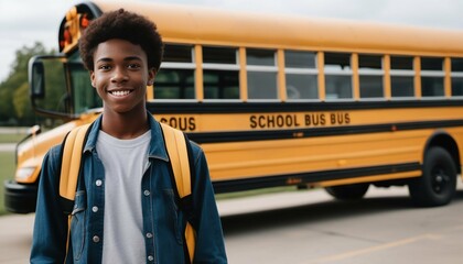 African American teenage boy student after getting off school bus