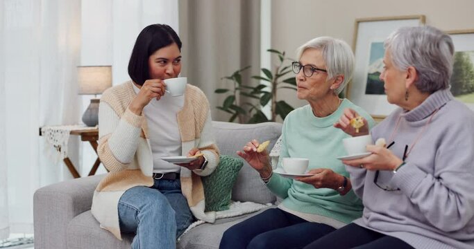Friends, sofa and women visit in home for conversation, discussion and talking with caregiver. Happy, living room and female people on couch with tea for bonding, volunteering and relax together
