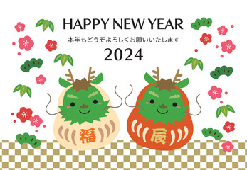 2024年 辰年 干支だるま 松竹梅 年賀状/横03・金 市松模様