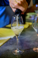 Tasting of sparkling white wine with bubbles champagne on summer festival route of champagne in Cote des Bar, Champagne region, France