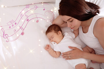 Lullaby songs. Mother and her baby sleeping at home. Illustration of flying music notes near woman...