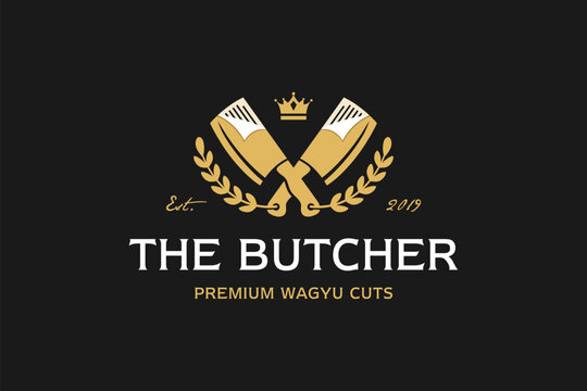 List butcher knife logo vintage with luxury gold laurel vector template design fit for meat beef shop