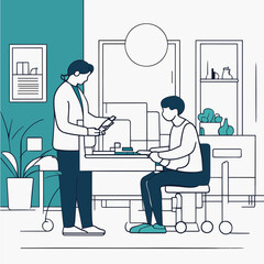 Patient is at the doctor's office and waits while the doctor reads the test results. Consultation in clinic office. Vector illustration in a flat style. 