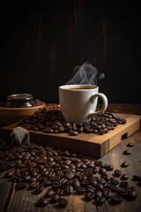 hot coffee with coffee beans on wood table