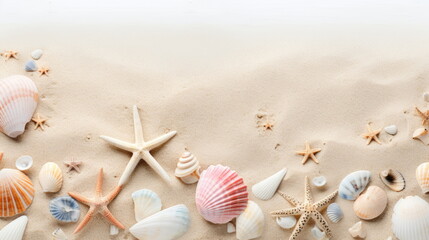 Fototapeta na wymiar shells with corals and starfish on pure white sand