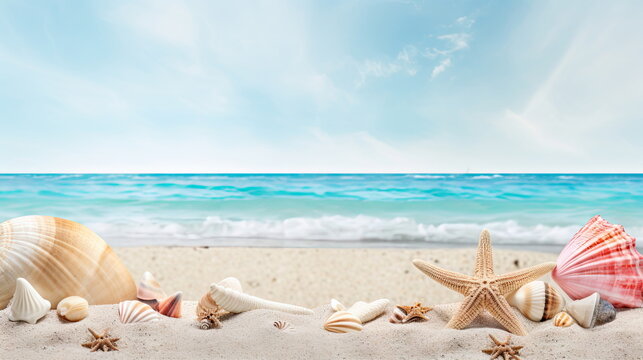 shells with corals and starfish on pure white sand