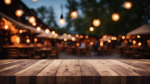 Restaurant table background out of focus string light hanging