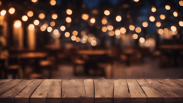 Restaurant table background out of focus string light hanging
