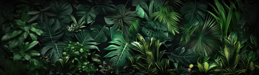 Wallpaper of tropical green leaves. Jungle background. - obrazy, fototapety, plakaty