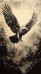 Fototapeta premium A flying hawk with spread wings extended its claws. Vintage monochrome drawing of a hawk flying in the mountains among the clouds, ai generated