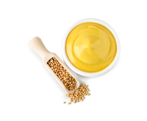 Bowl of delicious mustard and scoop with seeds on white background, top view