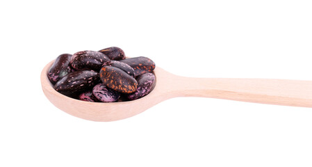 Wooden spoon with dry kidney beans isolated on white