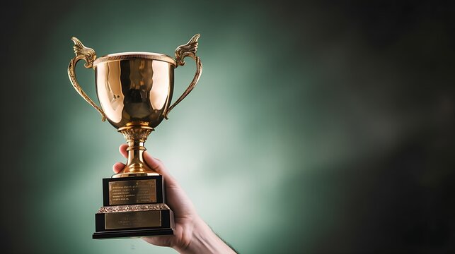 Athlete hand lifting trophy with flying confetti, champion celebration concept. Hands holding trophy cup on gold blurry background.