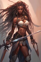 A fantasy female barbarian with sword. Generative AI. 