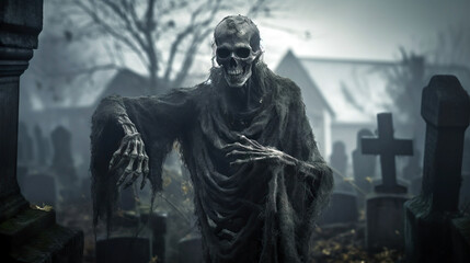 Fototapeta na wymiar Amidst a misty graveyard, an unsettling skeleton emerges, exuding an eerie aura. Halloween illustration.
