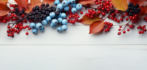 Autumn leaves and berries on white wooden background. Rustic, farmhouse, countryside mood. Horisontal wide banner with copy space for text. Ai generated image. 