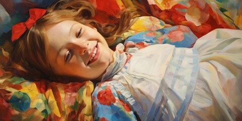 illustration of cute girl is laying on a bed and smiling, oil pianiting, generative AI