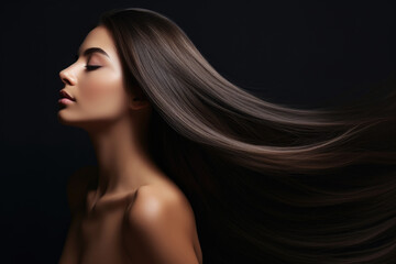 Beautiful woman with long straight hair on black background Generative AI